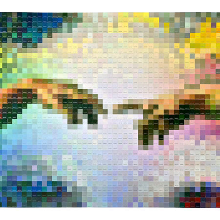 Nuancier de peinture réorganisé en La Création d'Adam (70 x 100 cm)
